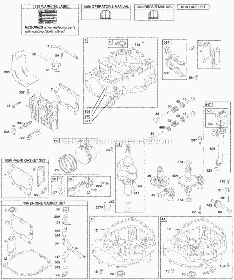 Cams Crankshaft Cylinder Engine Sump KitGaskets Lubrication Piston Group Valves Diagram and Parts List for 129802-1910-B1  Briggs and Stratton Engine